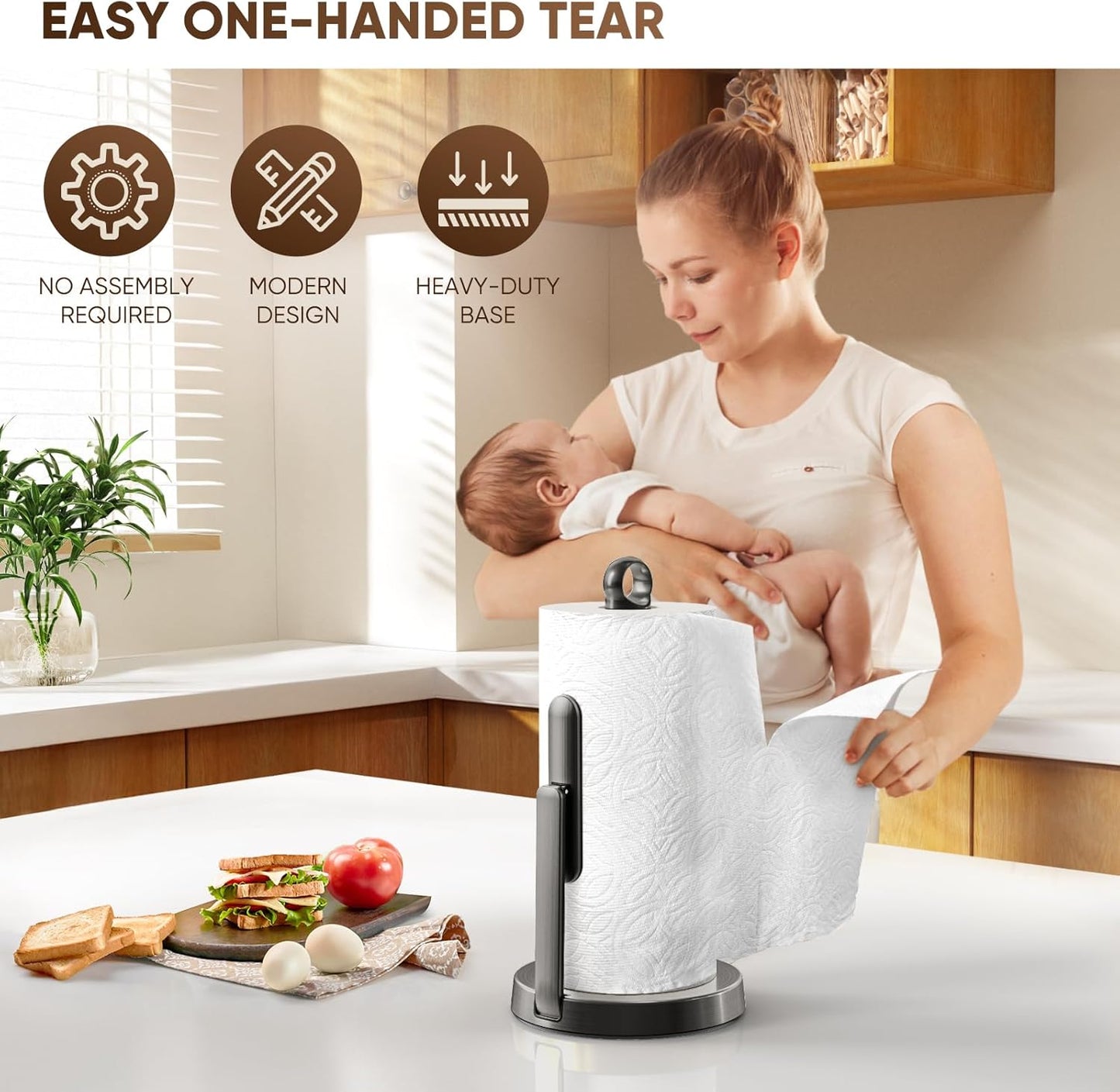 theaoo Heavy-Duty Stainless Steel Paper Towel Holder with Tension Arm – Easy One-Handed Tear, Modern Standing Countertop Dispenser for Kitchen, Holds All Paper Towel Rolls (1, Black)