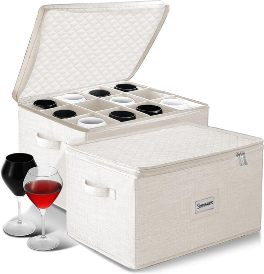 Wine Glass Storage Box with Dividers, 2 Pack Stackable Stemware Storage Cases, Service of 24 Glassware Storage Containers, Quilted China Storage Containers for Moving and Seasonal Storage, Cream