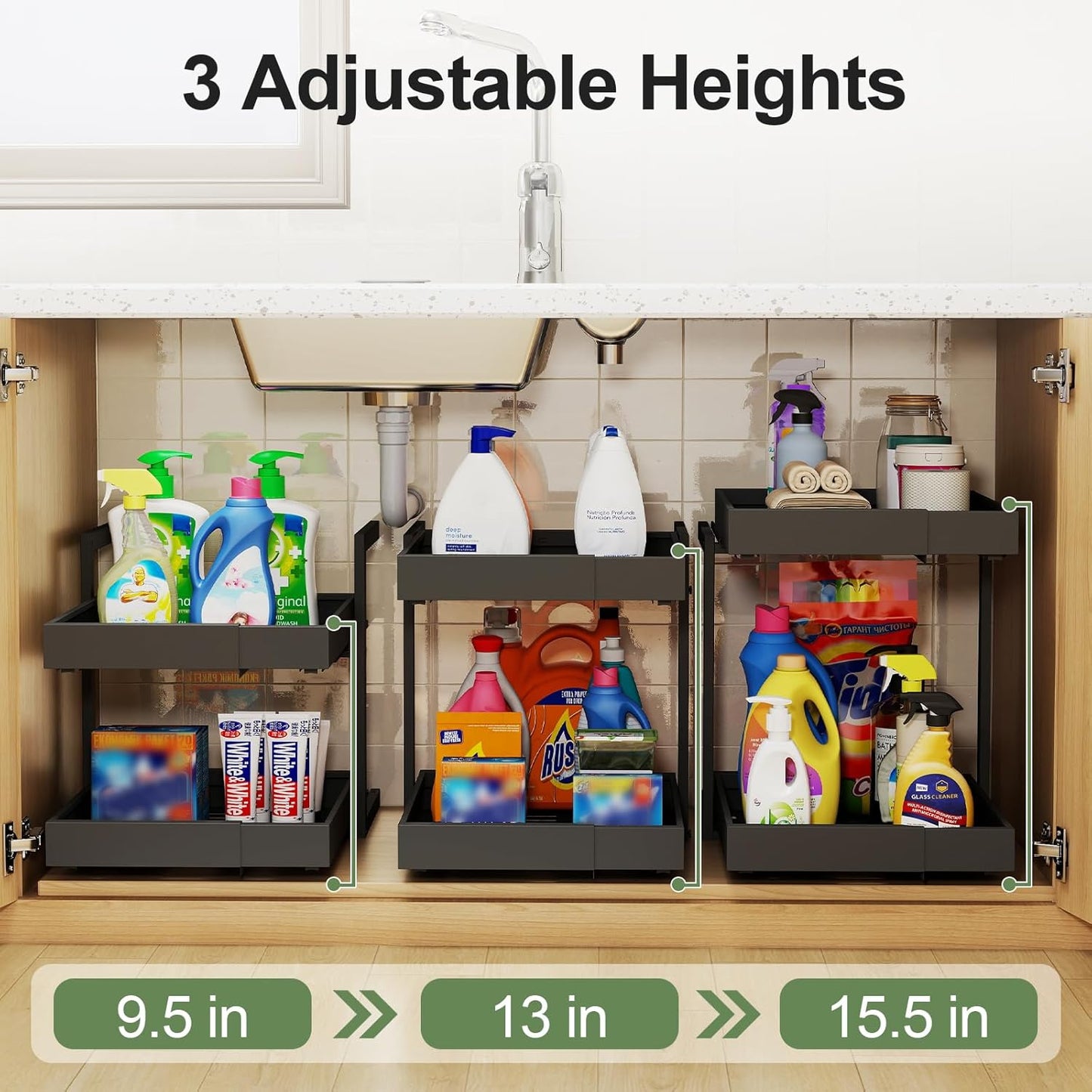 2 Tier Pull Out Cabinet Organizer ,Adjustable Width & Height,Expandable Pull-Out Drawers For Cabinets, Slide Out Shelves for Kitchen Cabinets / Countertop / Pantry,Heavy-Duty & Easy to Install(Black)