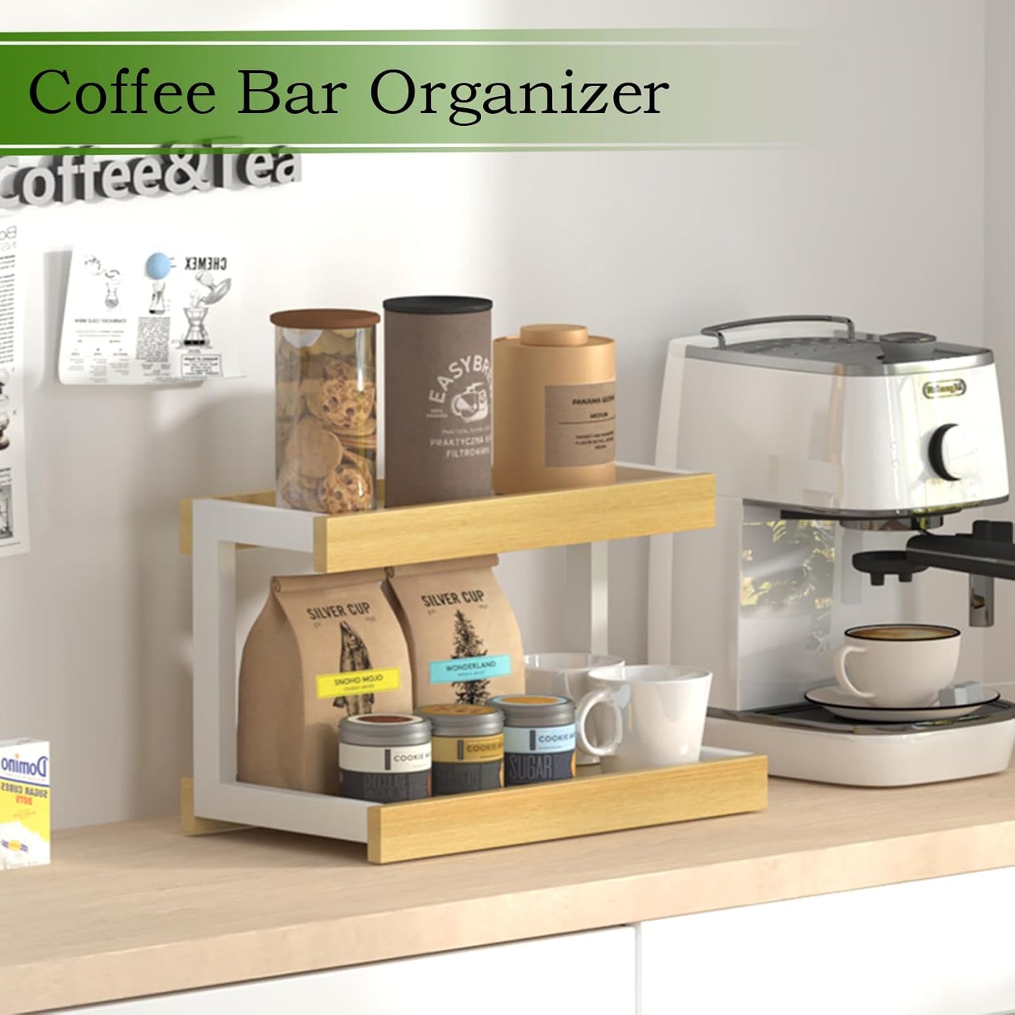 MARTY 2 Tier Spice Rack Organizer for Countertop, 15.8''L Coffee Station/Bathroom Organizer Countertop, Counter Shelf Desktop Storage Organizer for Kitchen, Bedroom, Office