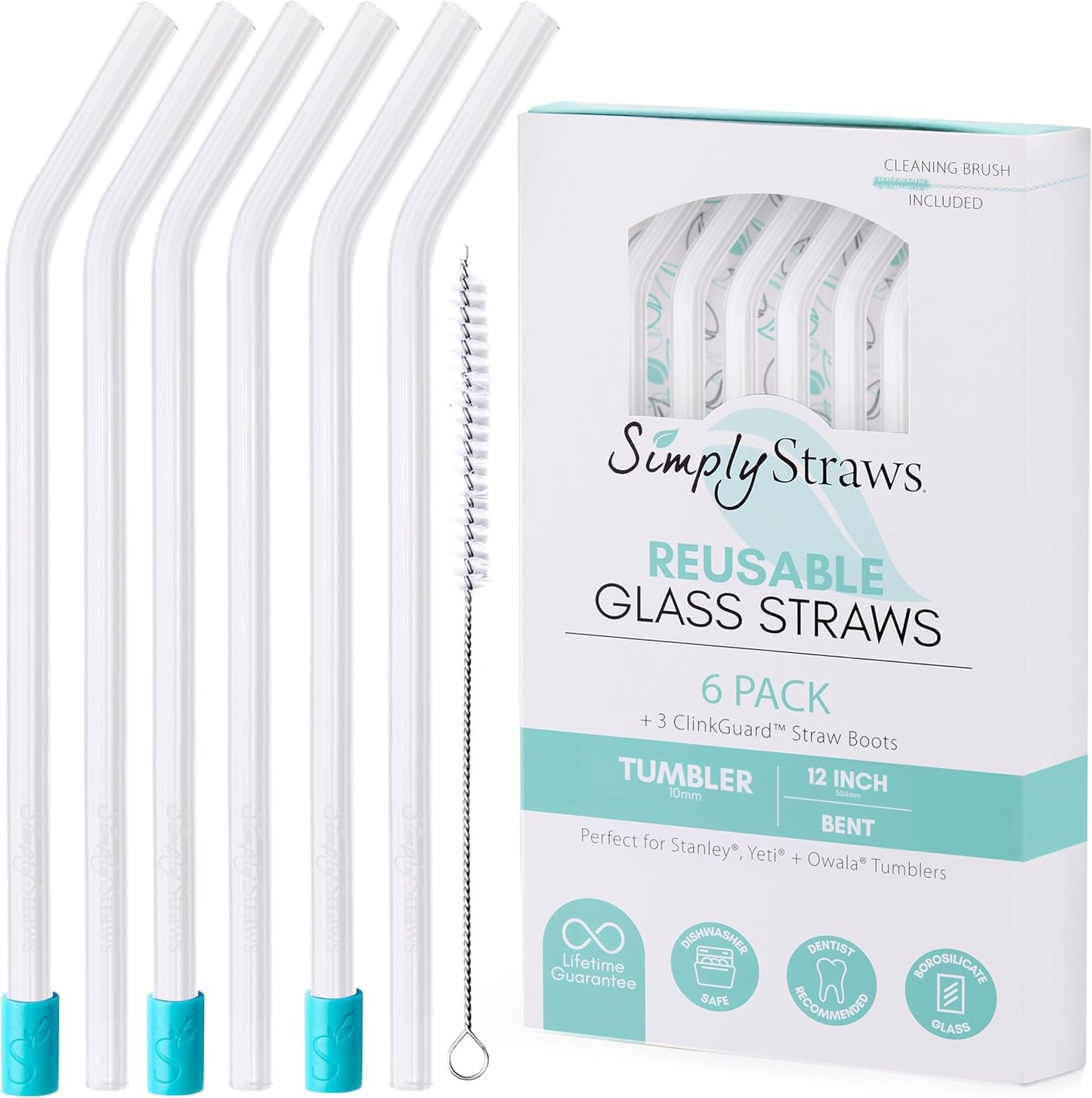 Simply Straws 12 Inch Glass Straws Bent (6-Pack) – Reusable Glass Straws for Stanley 40 Oz Tumbler, with Cleaning Brush – Durable, Dishwasher Safe, Hot & Cold Use, BPA-Free (Air)