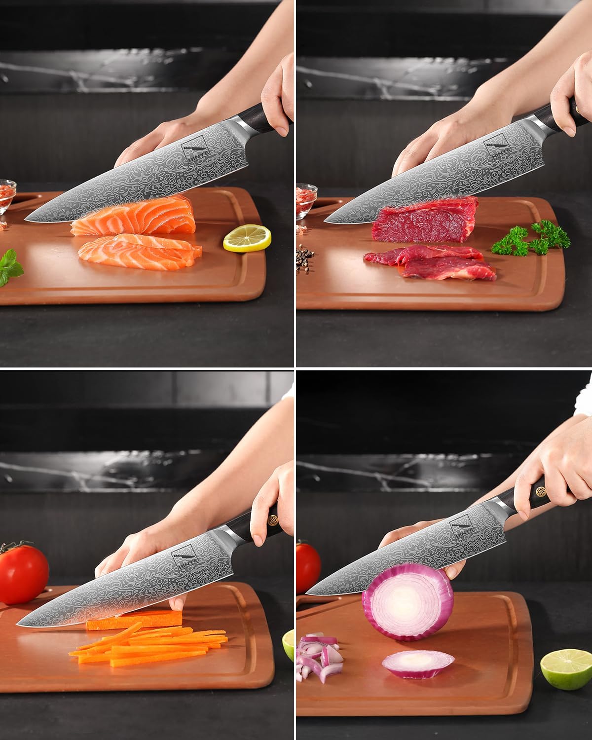 Professional 8" Kitchen Knife, Flex Core German Steel, Non Slip Blackwood Handle. Anti-Stick Blade, Dishwasher Safe, Heavy-Duty for Meat & Veggies