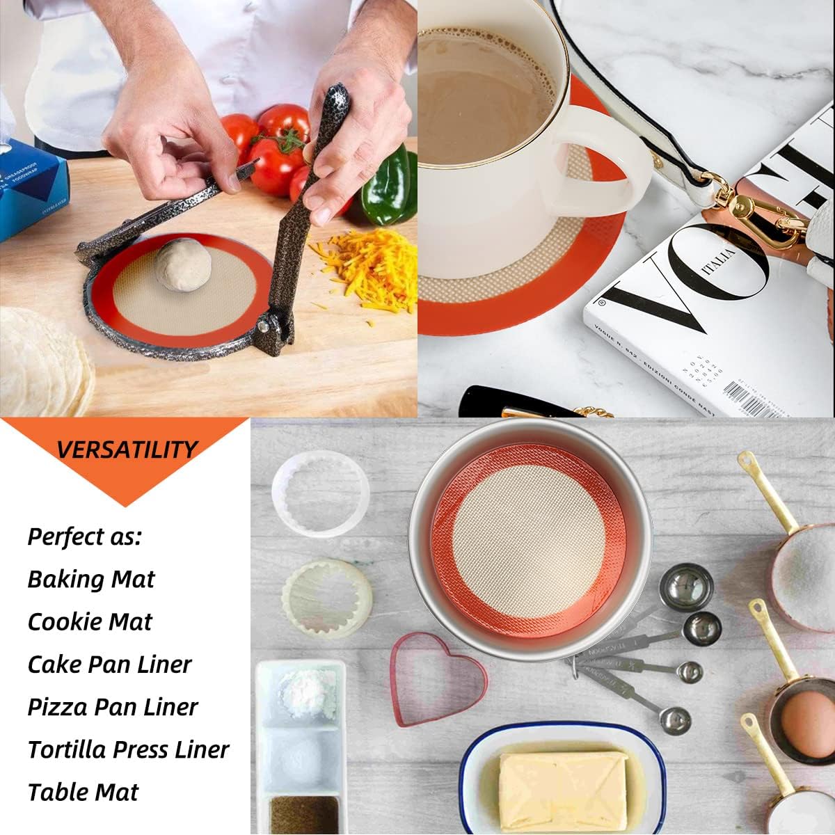 6 Inch Round Baking Mats, Food Grade Silicone Mats for Cake Pan/Tortilla Maker, Premium Non-Stick Reusable 6 Inch Tortilla Press Liner for Small Cake/Tortilla/Pie/Pizza, Round 5.5" Orange, 3PCS