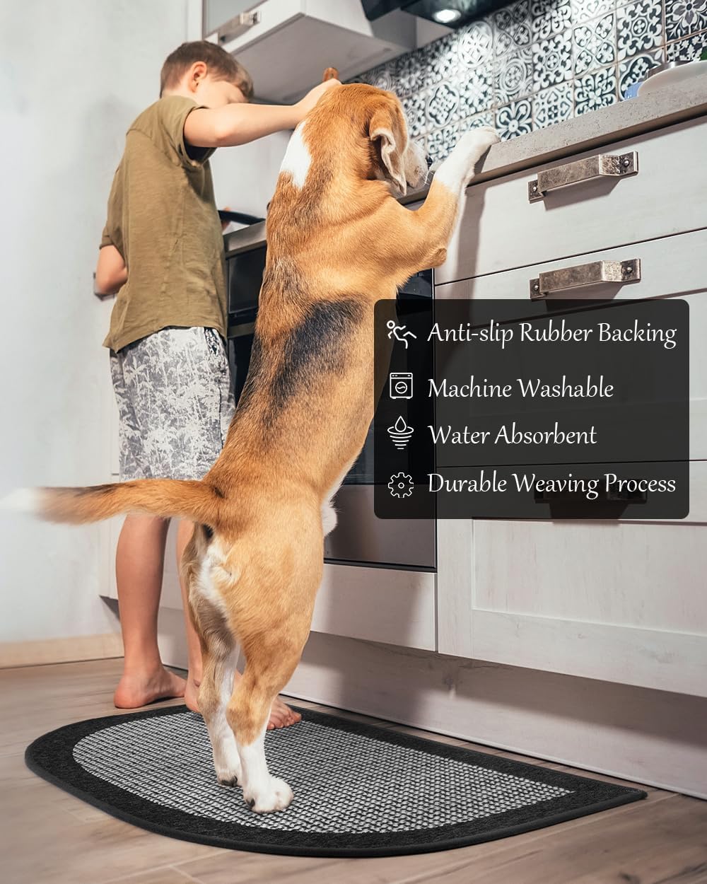 PADOOR Kitchen Mats for Floor, Kitchen Rugs Non Slip Washable, Half Circle Kitchen Floor Mat Sink Rug Rubber Backed Super Absorbent, 20”x32” Black