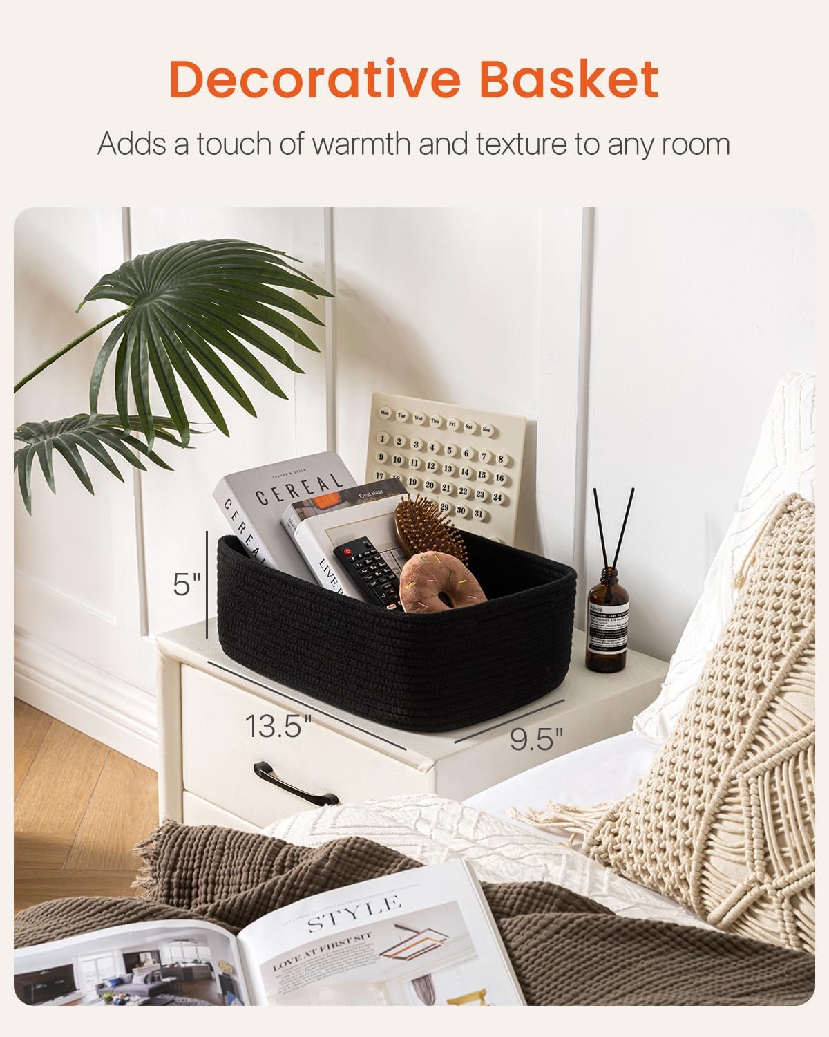 Small Woven Basket, 13.5 x 9.5 x 5 Inches, Storage Basket for Organizing, Cute Small Rope Shelf Closet Cube Storage Bins Baskets for Shelves, Dog Toy Gift Baskets Empty, 3 Packs, Black