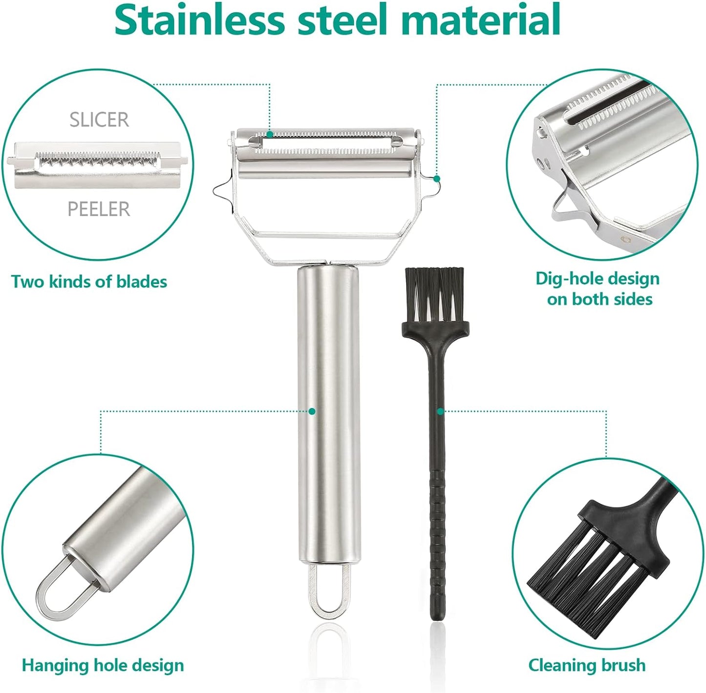 Stainless Steel Peeler Julienne Cutter Slicer for Carrot Potato Melon Vegetable and Fruit with Cleaning Brush