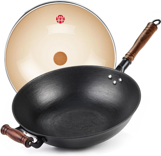 WANGYUANJI Cast Iron Wok,12.59 inch Flat Bottom Wok with Glass Lid,Suitable for All Cooktops, Uncoated Craft Pot Healthy Cooking Pot