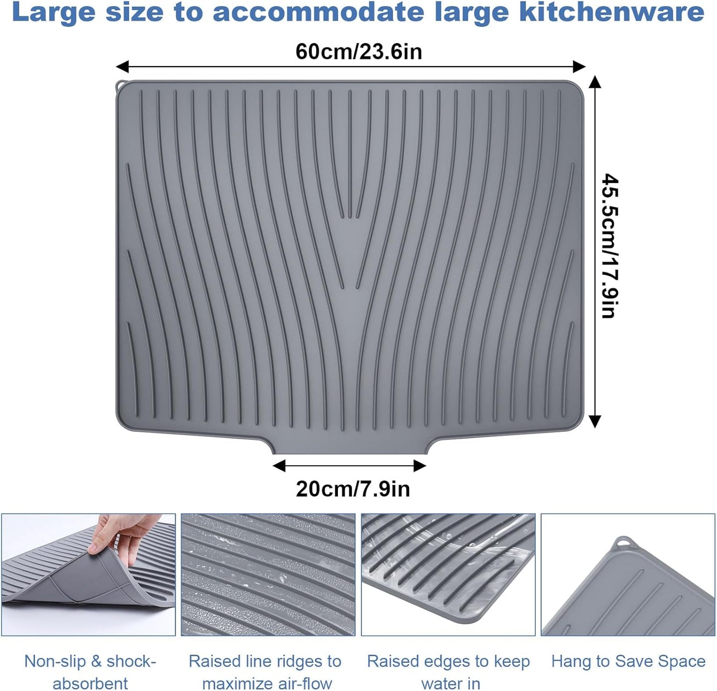 Silicone Dish Drying Mat with Drain Lip 23.6'' x 17.9'' Non-Slip Silicone Dish Drying Mat for Kitchen Counter, Heat Resistant Dish Drying Pad Quick Dry Self-draining Dish Drainer Mat Board Grey