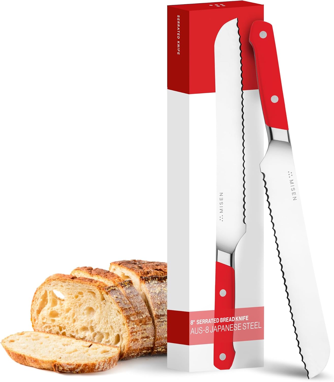 Misen Serrated Bread Knife – High-Carbon Japanese AUS8 Steel – Effortless Slicing of Bread, Pastries, and Fruits – Razor-Sharp Edge and Durable Blade with Ergonomic Handle - 8", Red