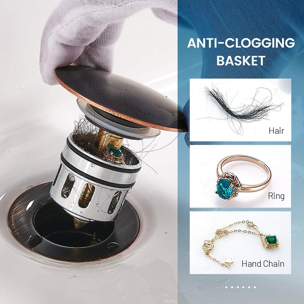 Vessel Sink Drain,Bathroom Pop-up Drain with Detachable Basket Stopper, Anti-Explosion and Anti-Clogging Drain Strainer, Sink Drain Assembly with Overflow Oil Rubbed Bronze, RWF083K