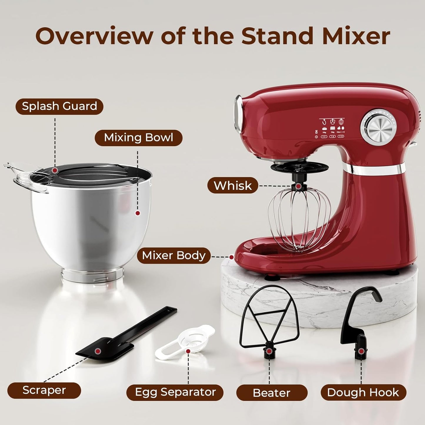 Stand Mixer With 12 Speed,5.3 Quart Electric Mixer With Tilt Head, Kitchen Mixer for Daily Use with Egg Whisk,Dough Hook,Flat Beater, RED