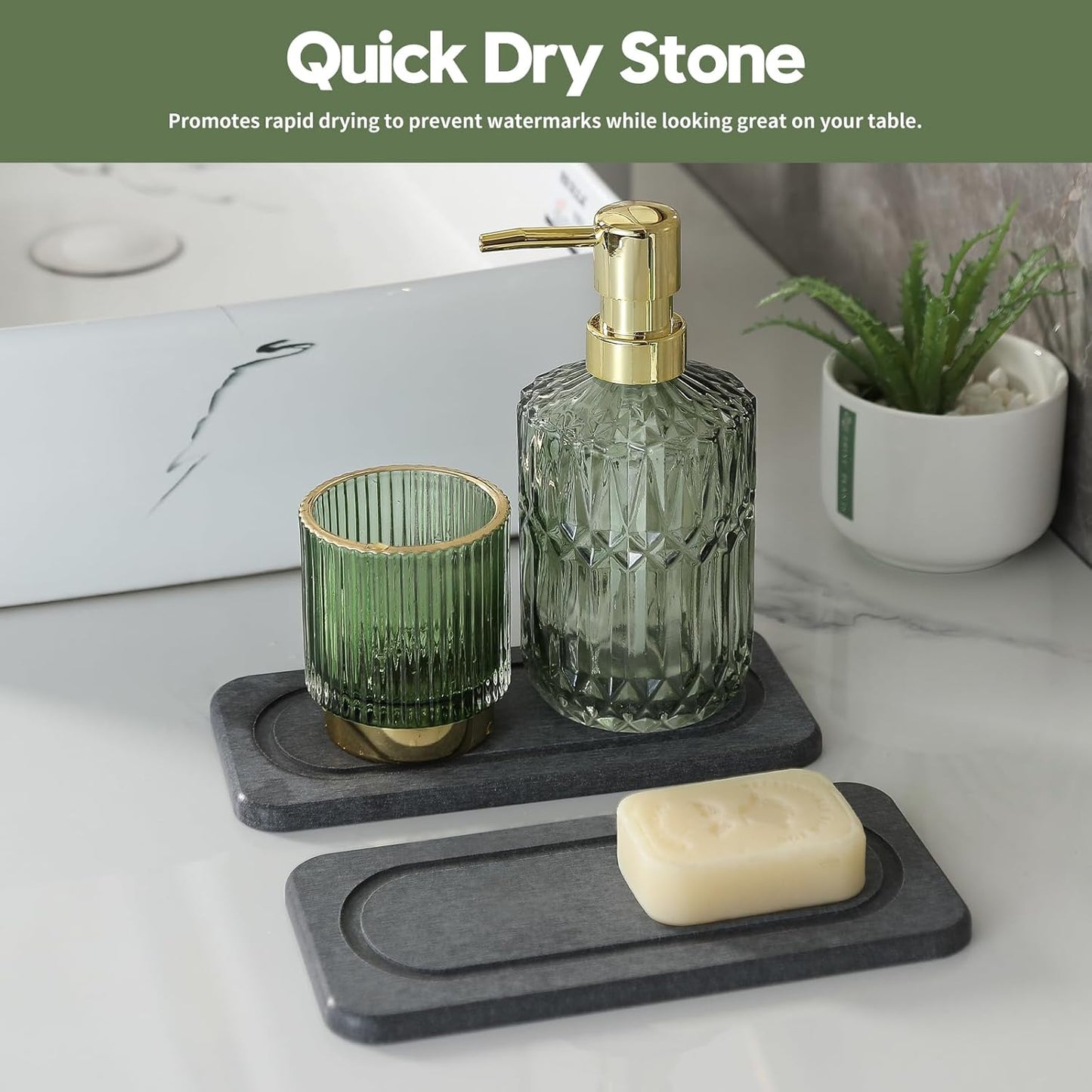 2Pack Diatomite Stone Coasters Water Absorbing Sink Tray for Kitchen & Bathroom Counter, Quick Dry Soap Dish Vanity Caddy, Dispenser Sponge Holder Space Organizer, Dark Gray - 8"x 3.8"