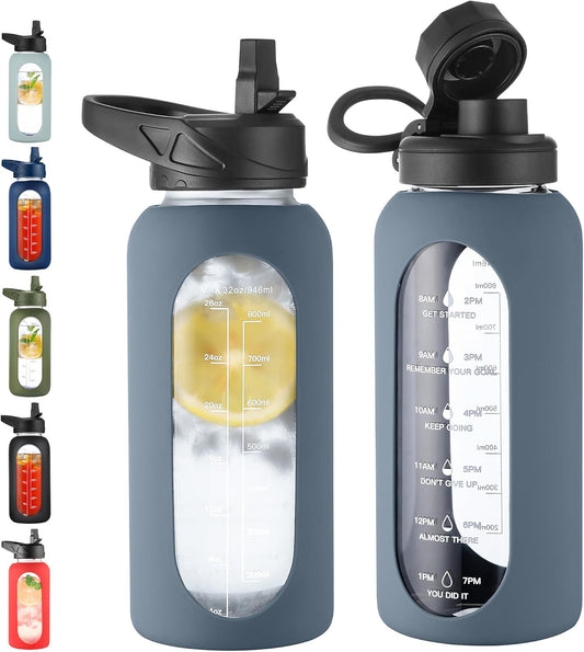 CIVAGO 32 oz Glass Water Bottle with Straw and Handle, Large Sports Motivational Water Bottle Flask with Time Marker and 2 Lids, Leakproof Water Jug Canteen with Silicone Sleeve for Gym,Smog Blue