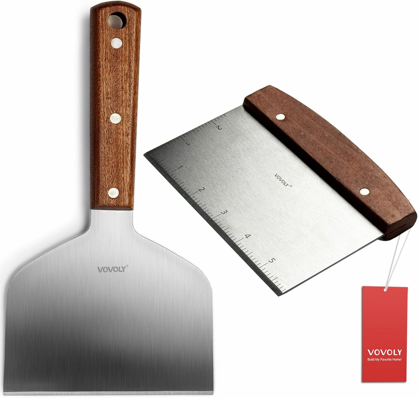 Vovoly Multipurpose Bench Scraper Kitchen Utensil for Flat Top Griddle, Dough Cutter for Bread and Pizza Dough - Stainless Steel Metal Griddle Scraper Chopper