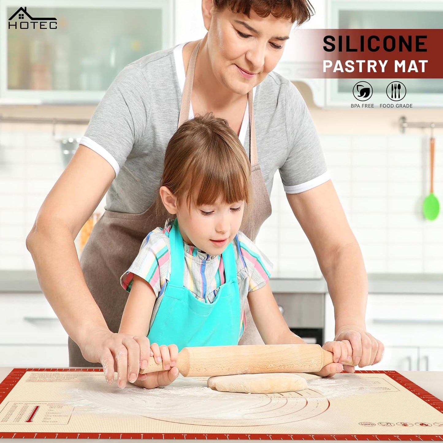 HOTEC Silicone Baking Mat - 26x16 Thickened Pastry Dough Mat with Measurement Non-Stick For Dough Rolling, Bread, Oven Liner, Kitchen Counter, Fondant/Pie Crust
