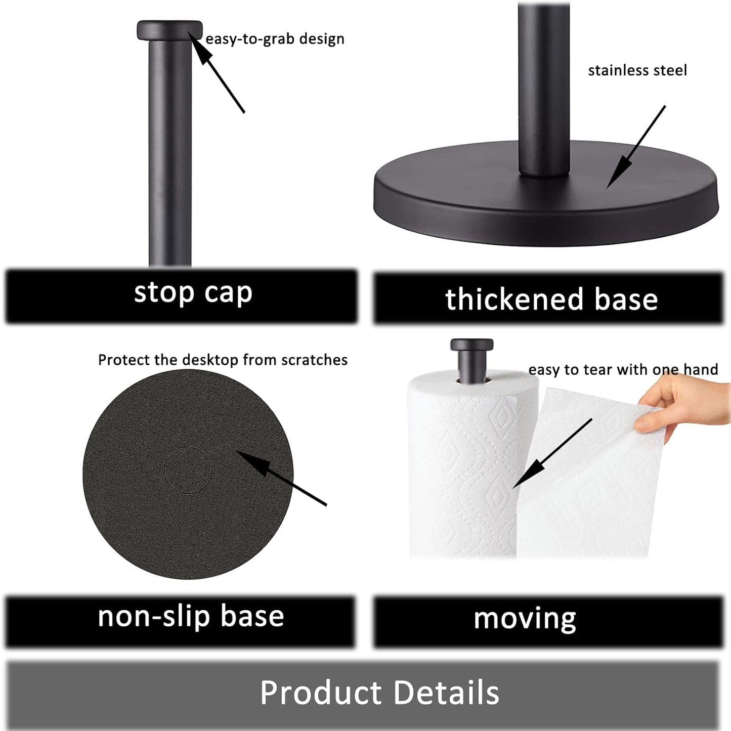 Stainless Steel Paper Towel Holder, Black Countertop for Kitchen Bathroom, Standing with Weighted Base