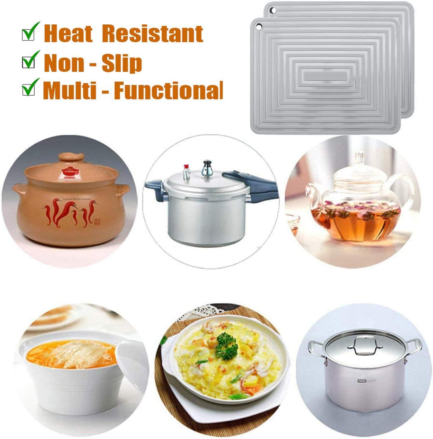 LogHog Large Silicone Trivet Mats for Hot Dishes/Pans, Heat Resistant Pot Holder, 9x12 Non Slip Flexible Durable Pot Coaster Kitchen Table Mats Set of 2 (Gray)