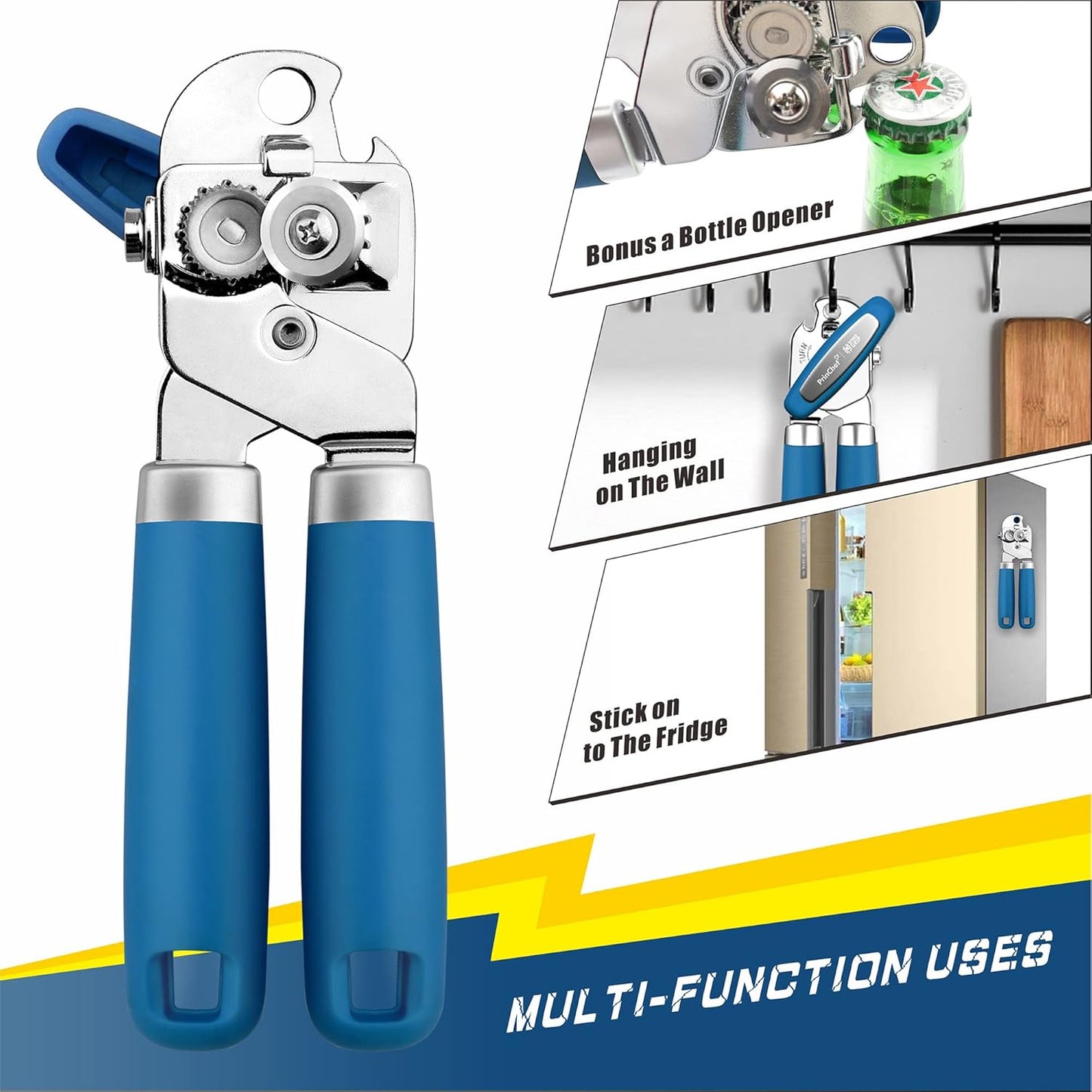 PrinChef Can Opener Manual, Can Tin Bottle Opener with Magnet - No-Trouble-Lid-Lift, Handheld Can Opener Smooth Edge with Sharp Blade, Heavy Duty and Easy to Use, for Seniors with Arthritis, Blue