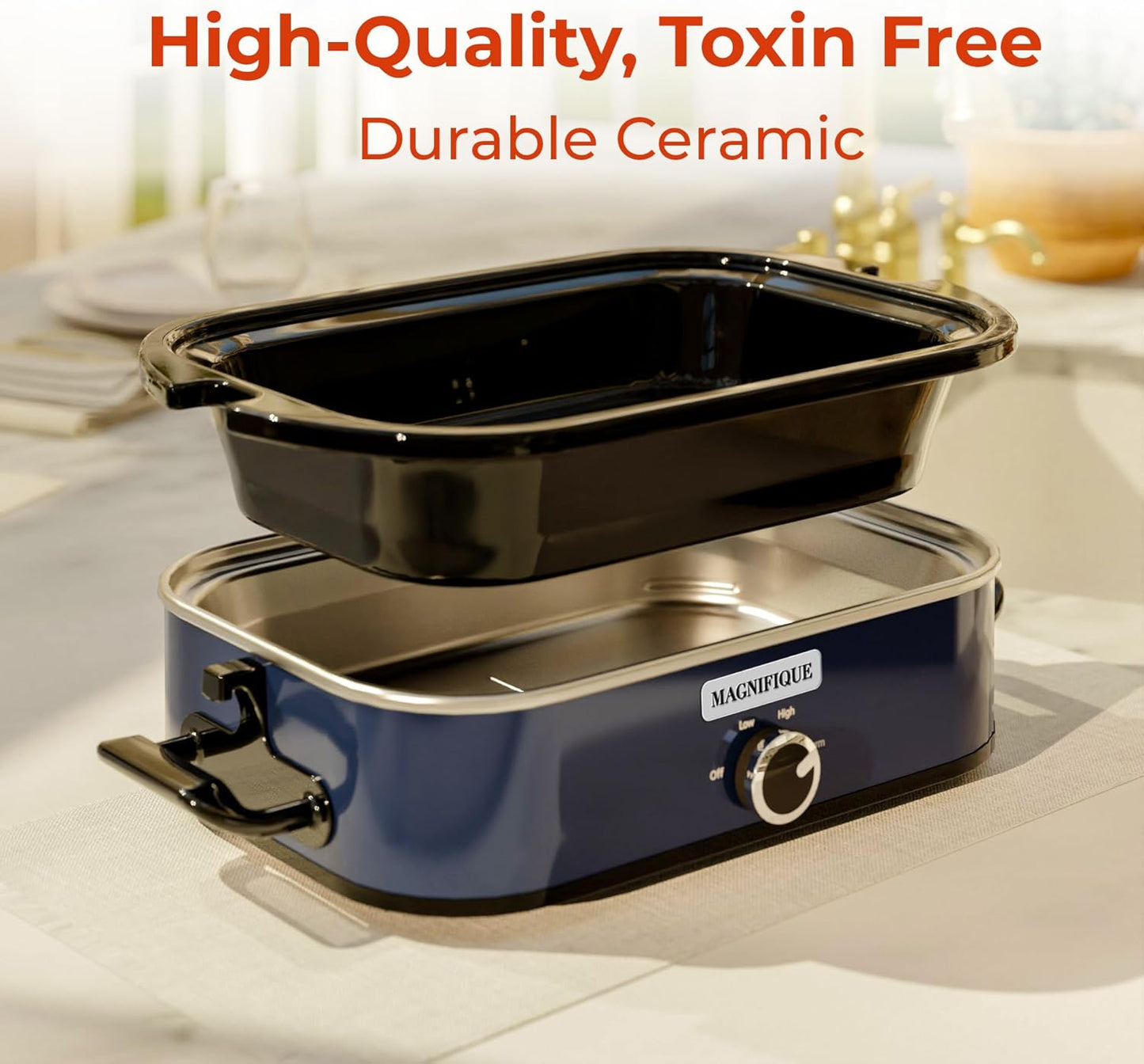 [NEW] MAGNIFIQUE 4-Quart Slow Cooker with Casserole Manual Warm Setting - Perfect Kitchen Small Appliance for Family Dinners, Dishwasher Safe Crock, Blue