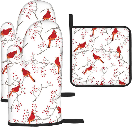 Cardinal Bird Red Berry Decor Oven Mitts and Pot Holders Sets of 3 Heat Resistant Non Slip BBQ Gloves for Cooking Grilling Baking Holiday Kitchen Decor