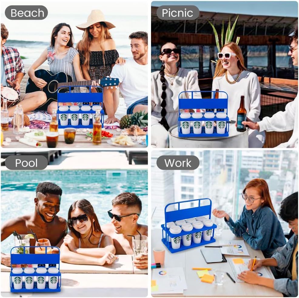 Reusable Drink Carrier with Handle for Doordash, Eats, Grubhub, Portable 8 Cup/Coffee Holder Accessories for Delivery, Foldable Drinks Caddy with Tray, Car Durable Plastic Festive Bottle, Vacation
