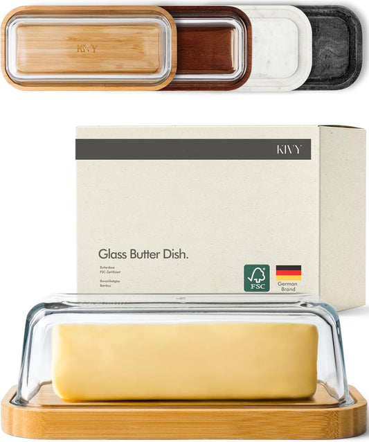 KIVY Glass butter dish with airtight lid that keeps butter soft - For countertop and refrigerator door shelf - Butter tray with lid fridge - Butter holder for counter - Covered butter dishes