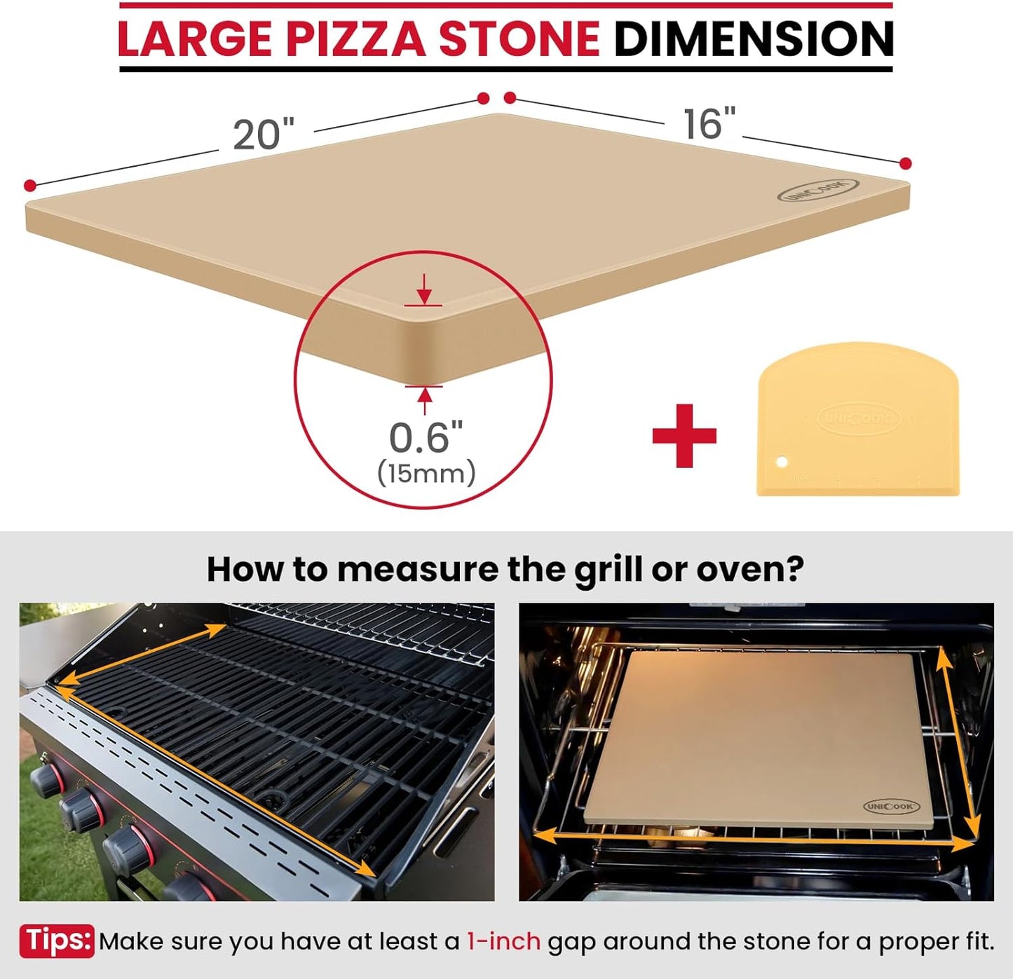 Unicook Large Rectangular Pizza Stone for Oven and Grill 20" x 16" x 0.6", Thermal Shock Resistant Cordierite Baking Stone, Ideal for Baking Crispy Pizzas, Bread and Cookies, Dough Cutter Included