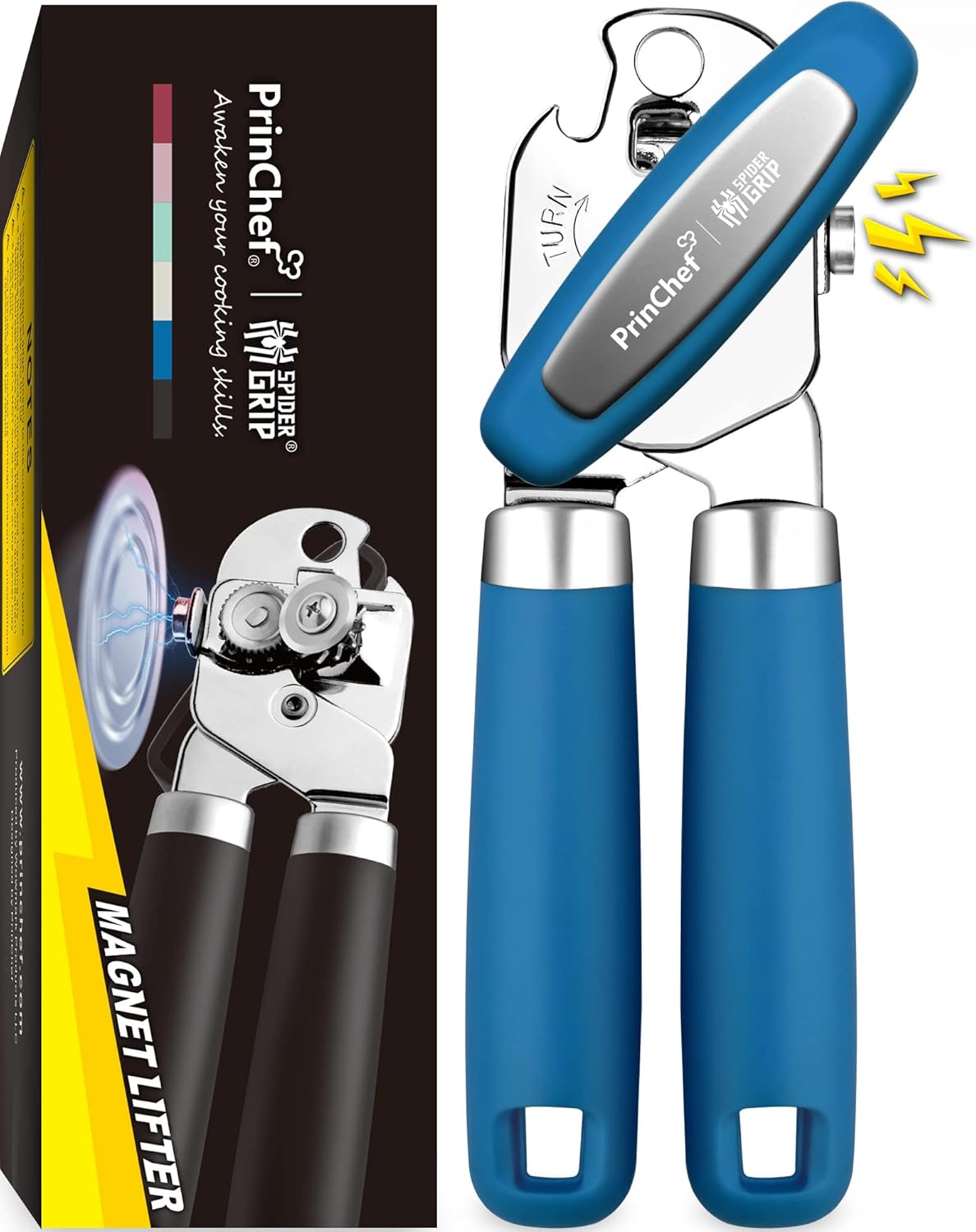 PrinChef Can Opener Manual, Can Tin Bottle Opener with Magnet - No-Trouble-Lid-Lift, Handheld Can Opener Smooth Edge with Sharp Blade, Heavy Duty and Easy to Use, for Seniors with Arthritis, Blue