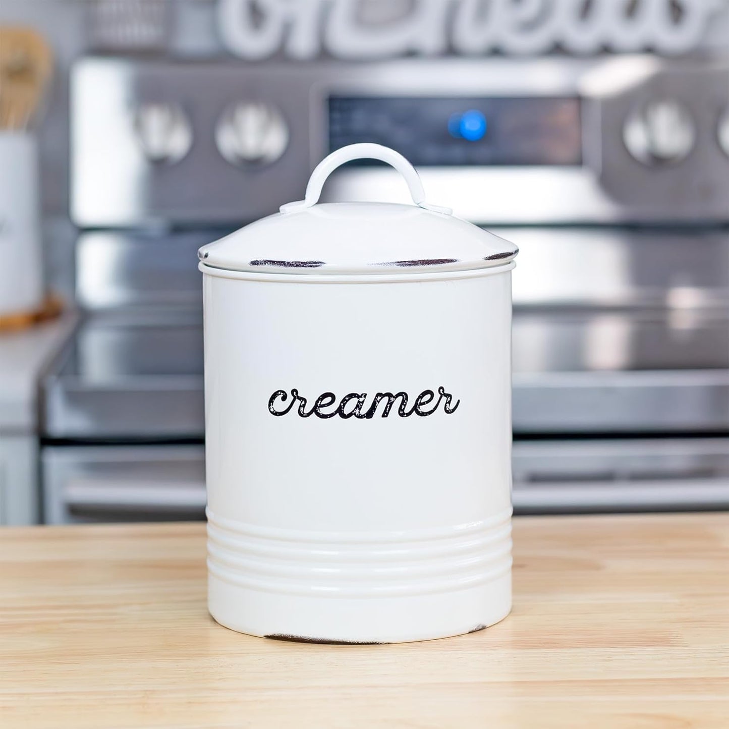 AuldHome Design Enamelware White Creamer Canister; Rustic Distressed Style Coffee Accessory Storage for Kitchen