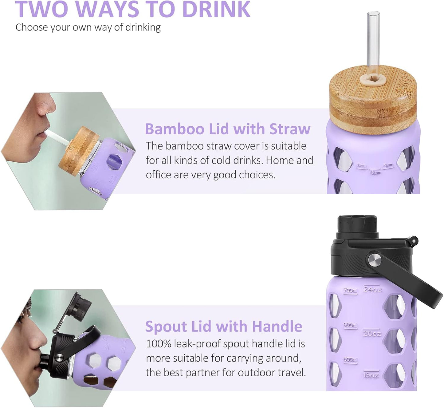 MUKOKO 24oz Glass Water Bottle with 2 Lids-Handle Flip Lid&Bamboo Straw Lid,Motivational Water Tumbler with Time Marker Reminder and Silicone Sleeve, Leakproof-Purple