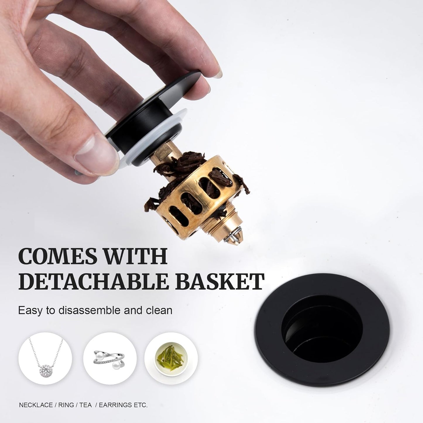 Pop up Sink Drain Stopper for Bathroom Vessel Vanity Sink Art Basin Matte Black ，Big Cap with Overflow, Metal Pop-up Drain Strainer with Detachable Basket Stopper