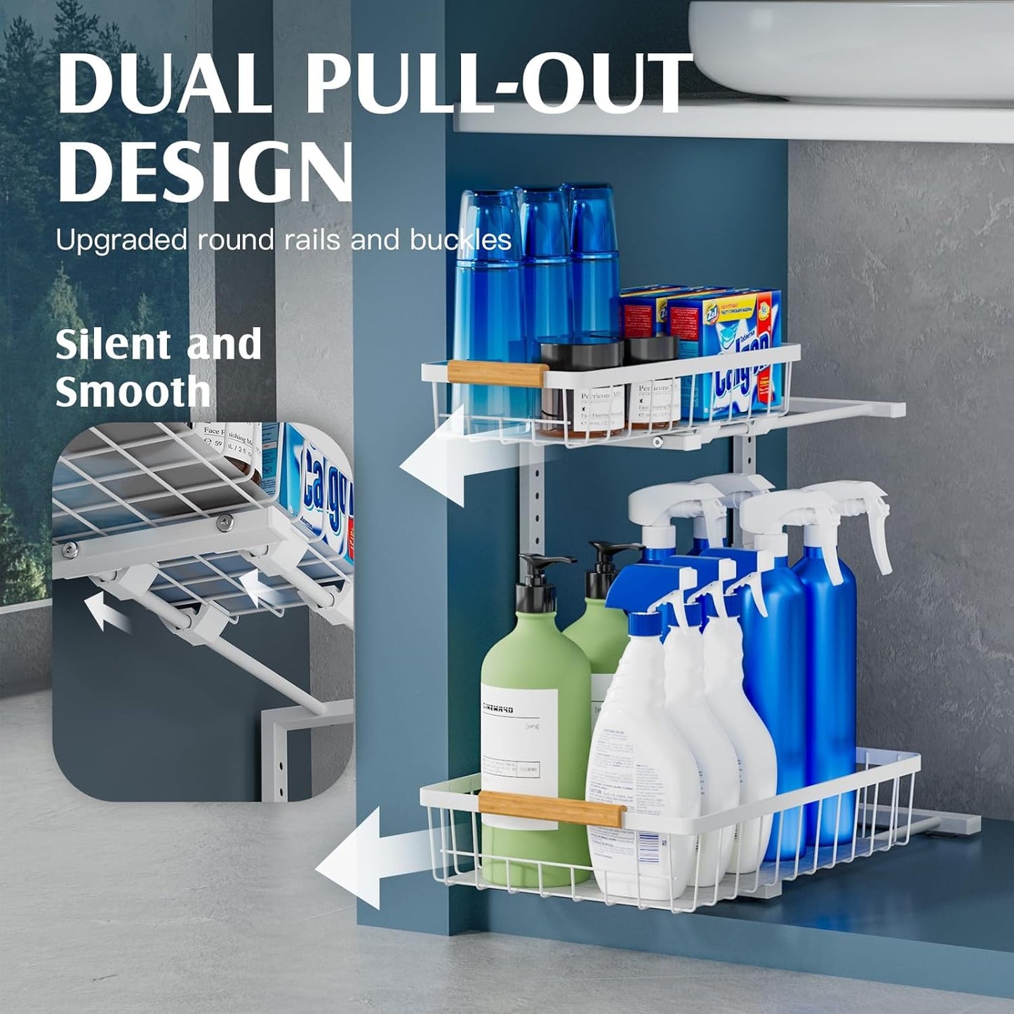 2 Pack Under Sink Organizers and Storage, Height Adjustable Under Sink Storage, Under Cabinet Organizer, Metal 2 Tier Pull out Cabinet Organizer, Bathroom Organizers and Storage, White