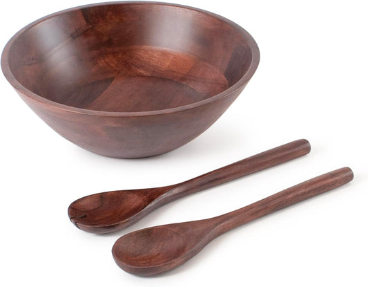 Luxe Designs Wooden Salad Bowl Set - Food Safe & Sustainable Decorative Bowl - Wood Bowl for Fruits, & Salads - Easy to Clean Large Salad Bowls Set w/Spoon, Fork – Wooden Bowls for Food (Dark Burnt)