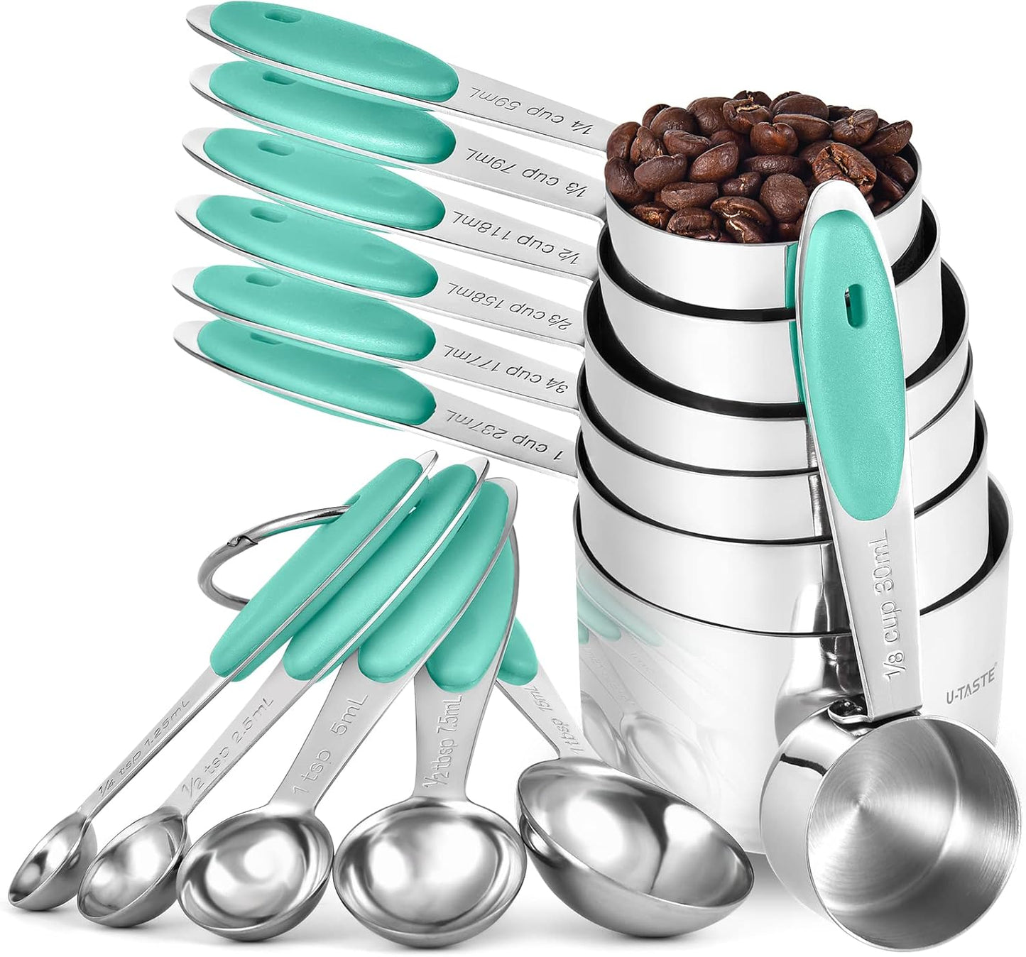 Measuring Cups and Spoons Set: U-Taste 18/8 Stainless Steel 12 Pieces Metal Stacking Kitchen Baking Cooking Food Measure Set 7 Cups 5 Spoons with Strengthened Weld Joints (Aqua Sky)