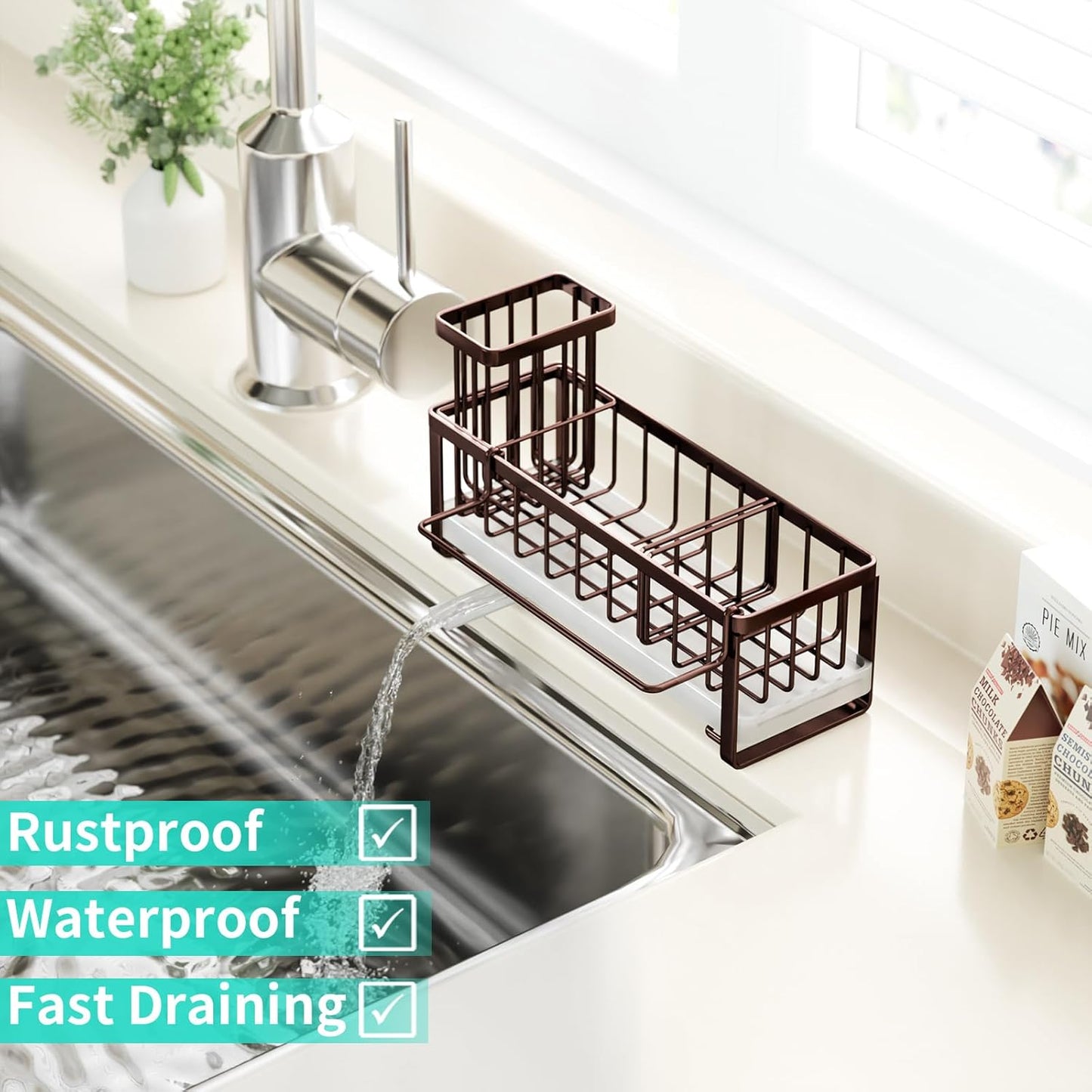 HapiRm Sponge Holder for Kitchen Sink - Self-draining Sink Caddy with Brush and Dishcloth Holders, Stainless Steel Kitchen Organizer for Countertop - Bronze