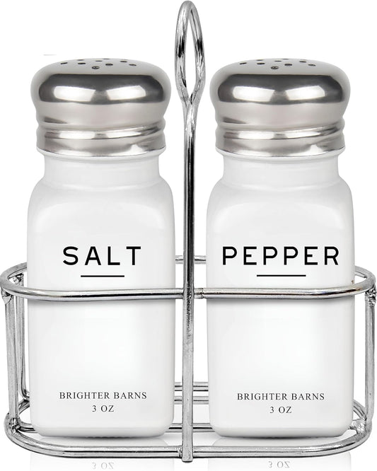 White Salt and Pepper Shakers Set with Holder by Brighter Barns - Neutral Minimalist Glass Salt Shaker with Caddy - Dining Table Decor, Modern Kitchen Accessories for Restaurant, Hotel, Airbnb (White)