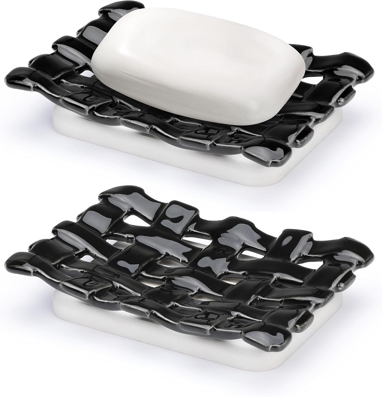 Shinowa Self Draining Soap Dish, Dual Layer Soap Container, Woven Ceramic Soap Tray + Diatomaceous Earth Base, Dish Soap Holder for Kitchen, Bathroom, Shower, Quickly Drain Water, Easy to Clean