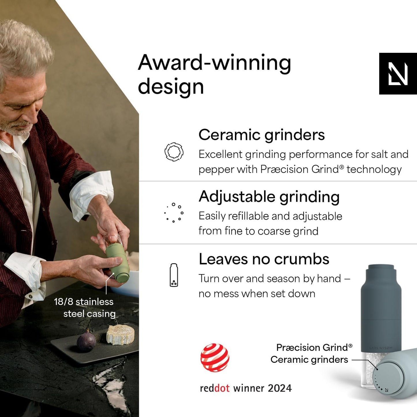 LARS NYSØM Salt and Pepper Grinder Set, Stainless Steel Manual Salt and Pepper Mills, Adjustable Ceramic Grinder, Design Spice Shakers (Blue)