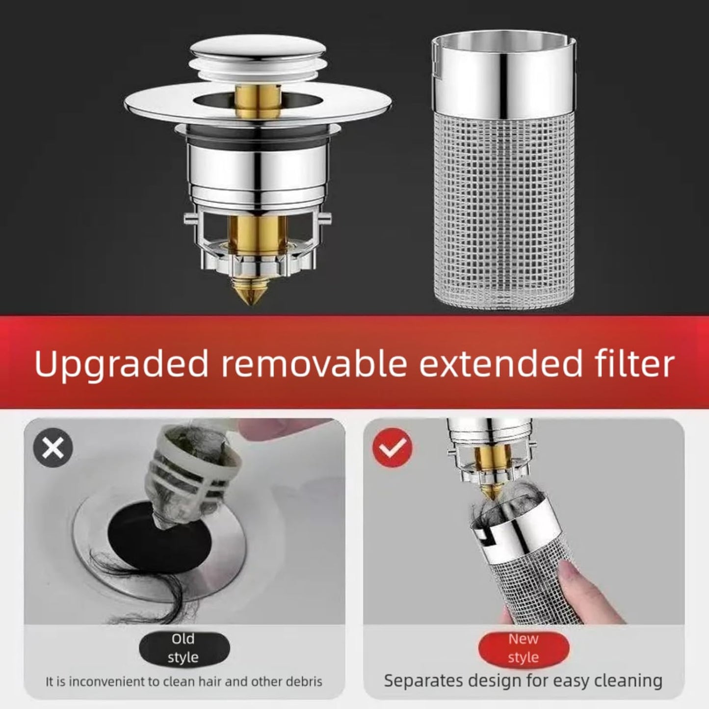 Bathroom Sink Stopper, pop-up Sink Drain Strainer, with Detachable Stainless Steel Sink Strainer Hair Catcher, Suitable for Bathroom Sink Replacement.