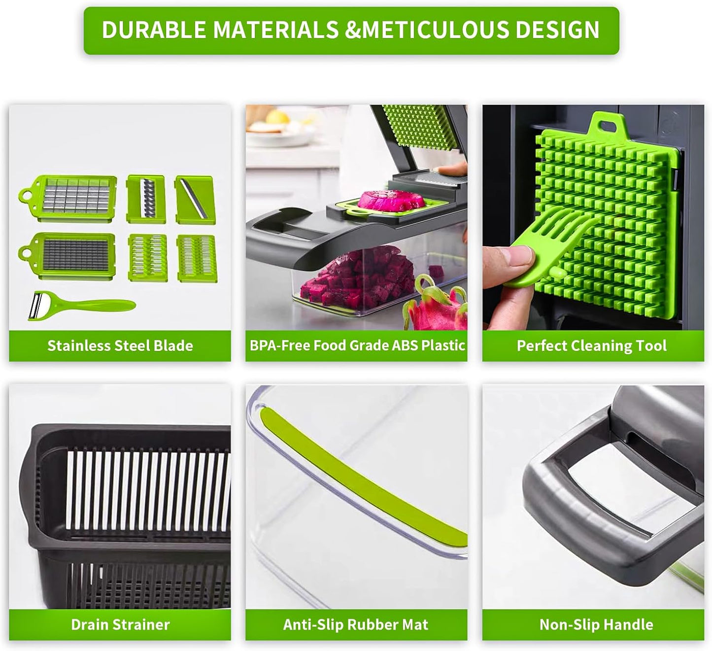 Vegetable Chopper Cutter Slicer Multifunctional 14-in-1 Food Veggie Salad Onion Chopper Cutter Dicer with Container, 8 Interchangable Blades, Hand Protector, Drain Strainer, Peeler, Brush