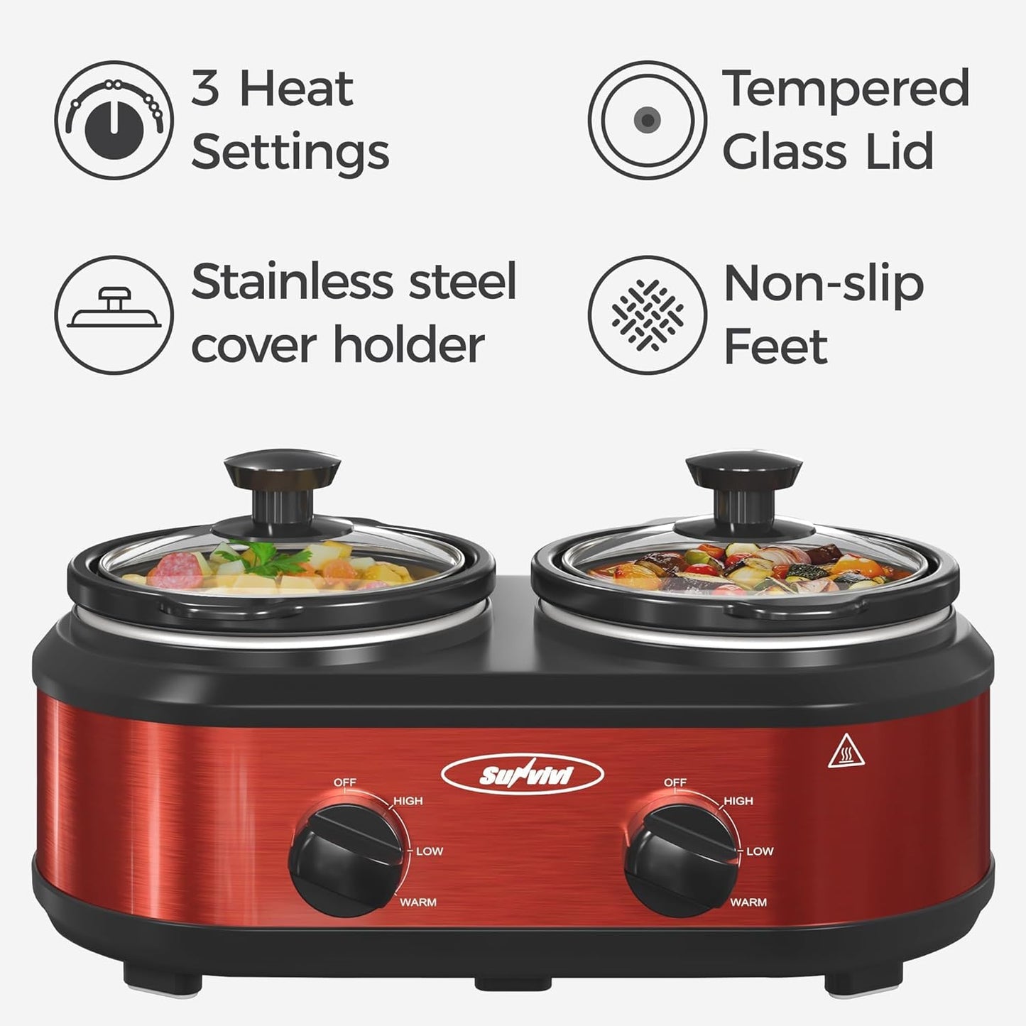 Sunvivi Double Slow Cooker,2 Pot Small Mini Crock Buffet Servers and Warmer,Dual Pot Oval Manual Slow Cooker with Adjustable Temp Removable Ceramic Pot,Stainless Steel, Total 2 * 1.25 Quarts Red