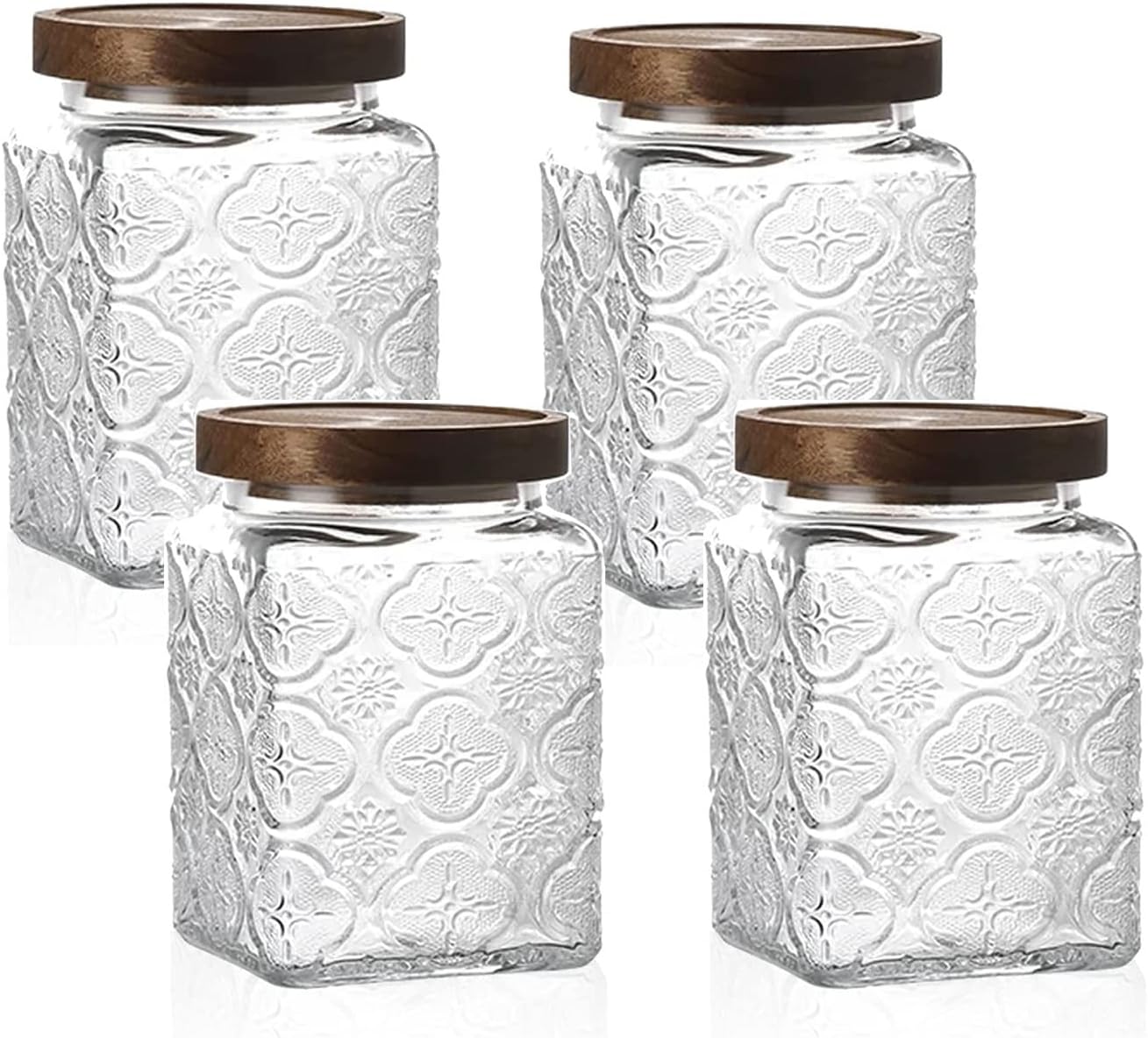 Snminetal Vintage Glass Airtight Storage Jar Set of 4, With Airtight Wood Lid, Kitchen Food Storage Containers,for Kitchen Counter, Pantry, Tea, Sugar,Coffee,Food Storage Jar(Plum pattern)