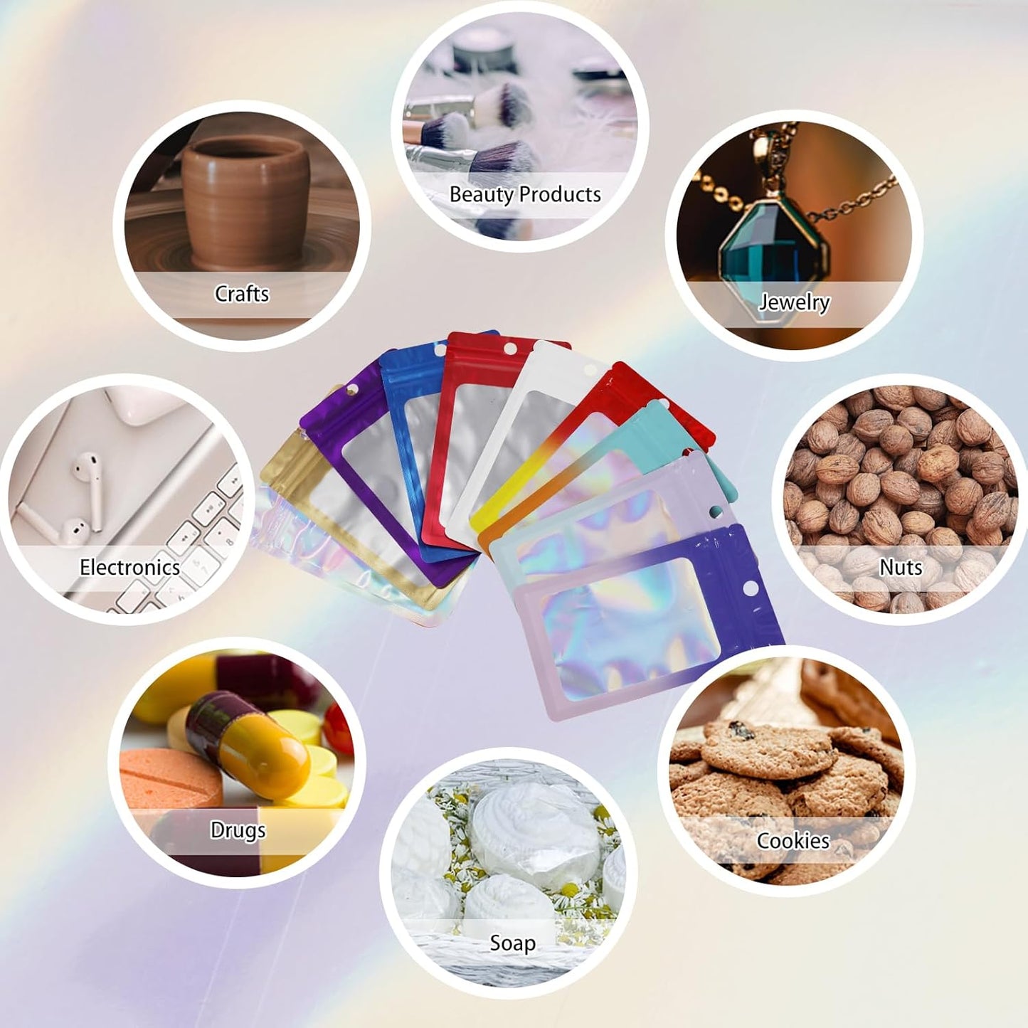 200 Pack Resealable Mylar Holographic Bags Food Storage Smell Proof Bags with Front Window Foil Packaging Pouch for Candy Sample Jewelry Small Business 3.15×5.51 Inch, Red