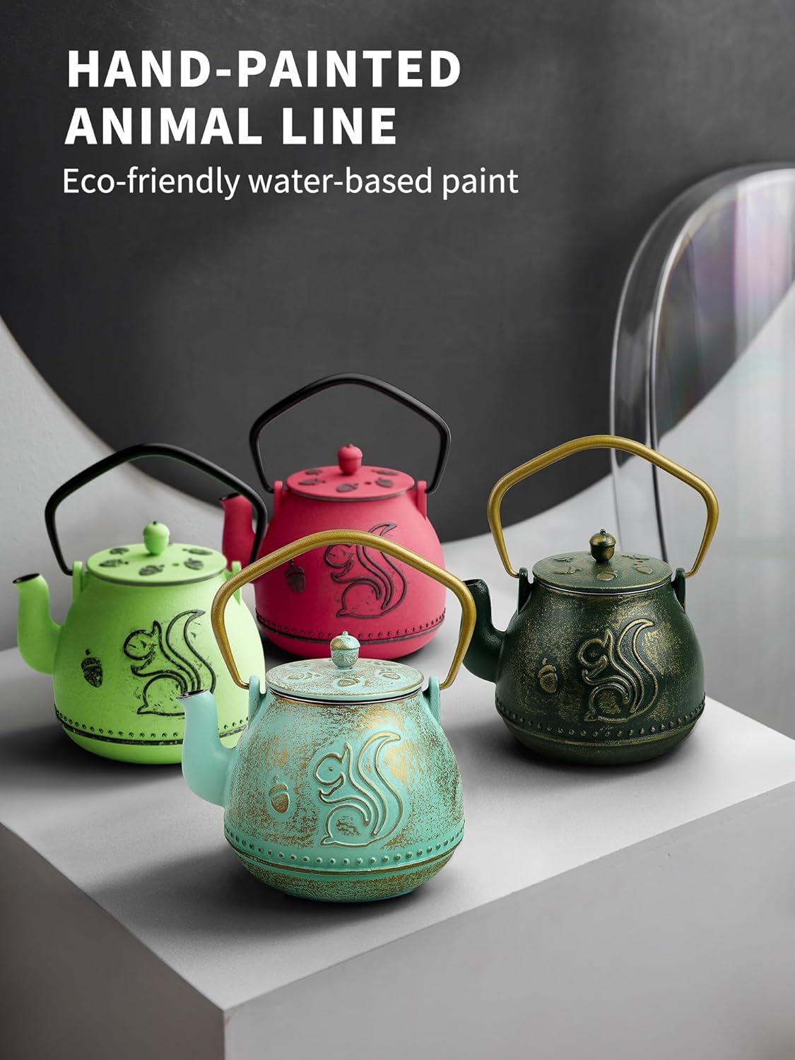 Toptier Teapot with Removable Infuser, Cast Iron Tea Kettle Stovetop Safe, Squirrel Design Tea Pot Coated with Enameled Interior for 32 Ounce (950 ml), Aqua