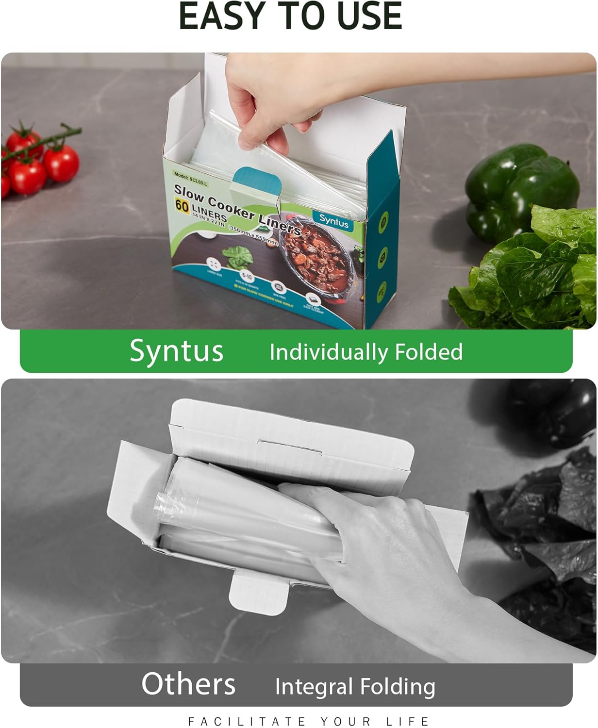 Syntus Slow Cooker Liners, 60 Count Cooking Bags Extra Large Size Disposable Pot Liners Plastic Bags, Fit 6QT to 10QT for Slow Cooker Cooking Trays, 14"x 22", 60 Liners