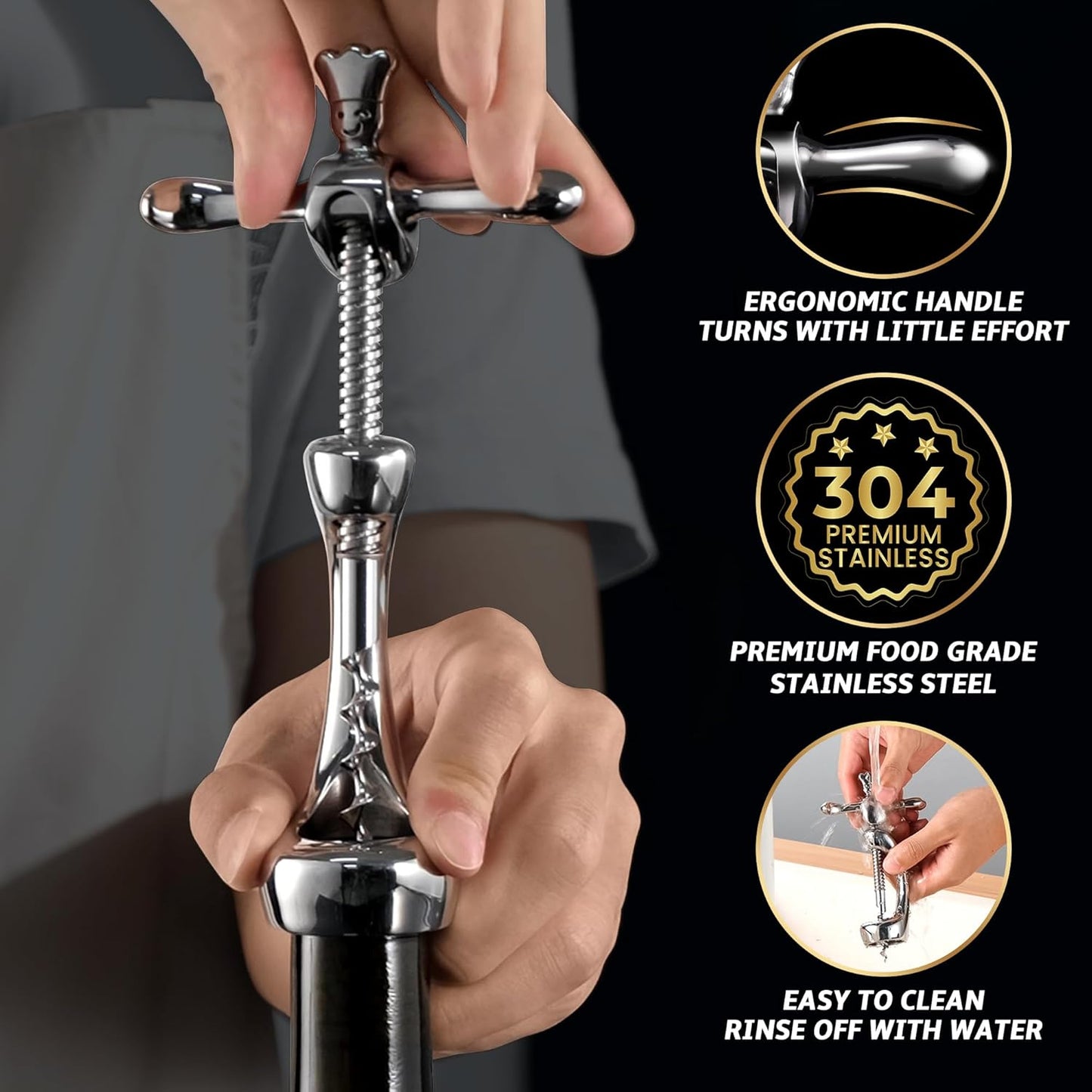 Wine Opener Deluxe, Heavy-Duty Bottle Opener for Easy Cork Removal, Manual Corkscrew for Smooth & Effortless Intact Wine Corks, Premium Corkscrew for Waiters, Bartenders & Home Use