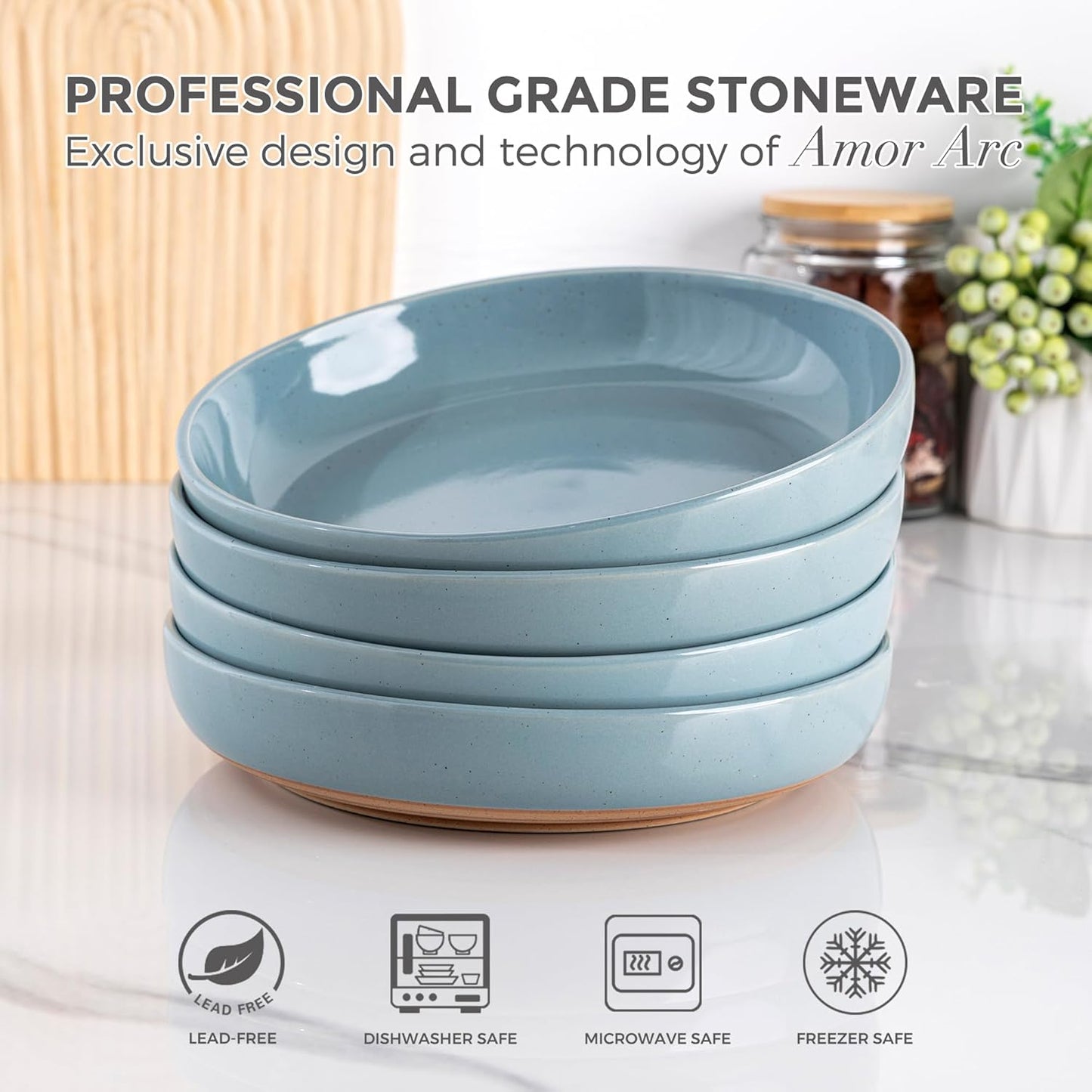 AmorArc 8.75'' Large Ceramic Pasta Bowls, 36oz Handpainted Stoneware Bowls Set of 4, Microwave&Dishwasher Safe Bowls with Rustic Terracotta Underside for Pasta Salad, Blue