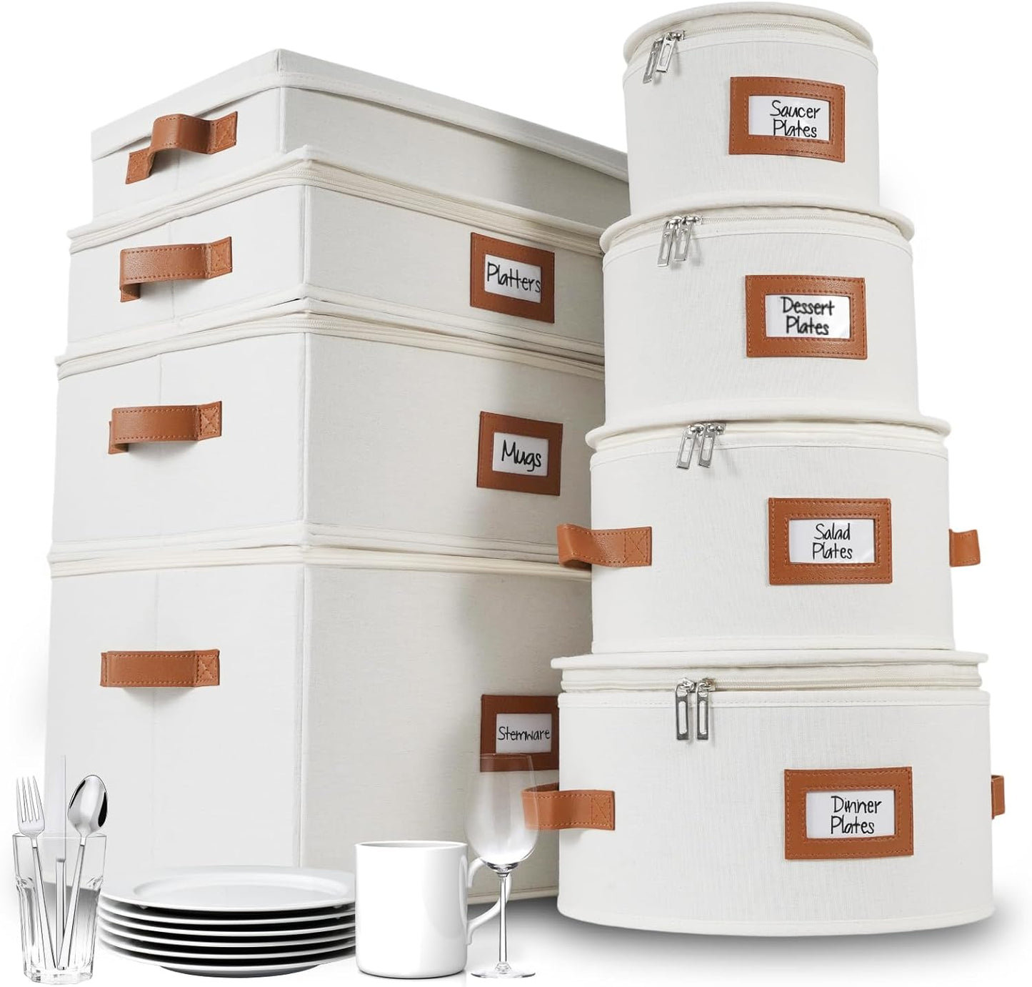 HOMELUX THEORY Hard Shell China Storage Containers, 8pc Ivory Mug & Plate Storage Box, Kitchen Storage Bins W/Lids, Heavy Duty Moving Box with Handles for Dishes, Glassware, Silverware, Cup & Mug