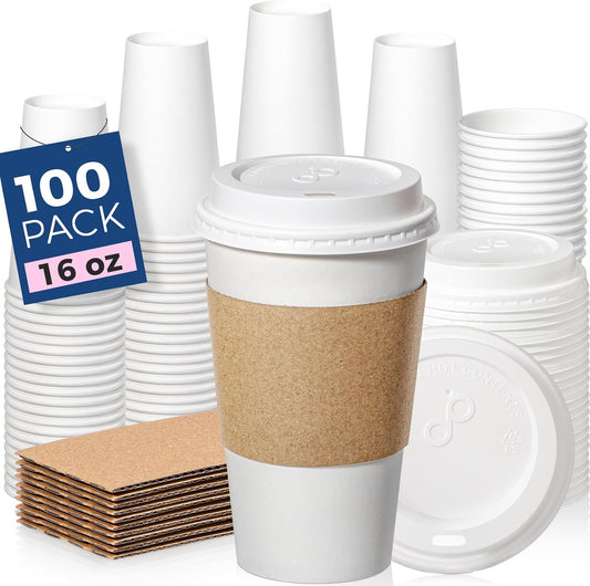 Fit Meal Prep 100 Pack 16 oz Disposable Coffee Cups with Lids, Sleeves, Leak-Proof To Go Coffee Cups with Lids, Durable Hot Paper Cups for Home, Office, Party, Business