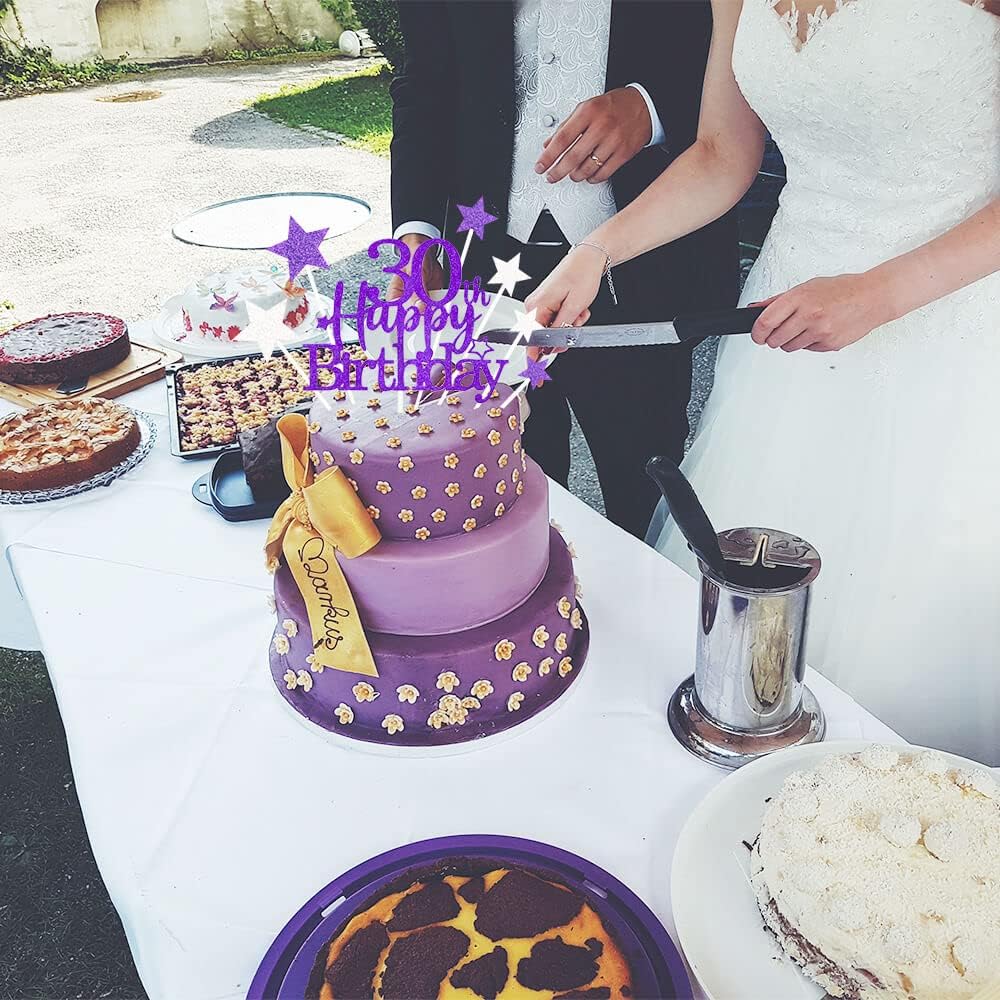 Glittery 30th Happy Birthday Cake Topper with Star,Personalised 30 Birthday Cake Toppers Party Decorations Party Supplies for Men Women Purple Silver